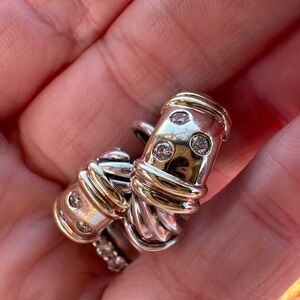 David yurman silver and 14k gold diamond j shrimp hoop earrings